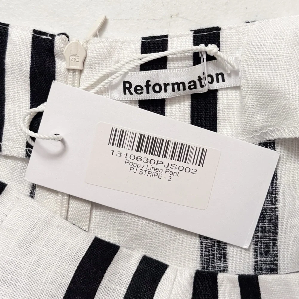 NWT Reformation‎ Poppy Linen High Rise Straight Leg Pant PJ Stripe Black & White